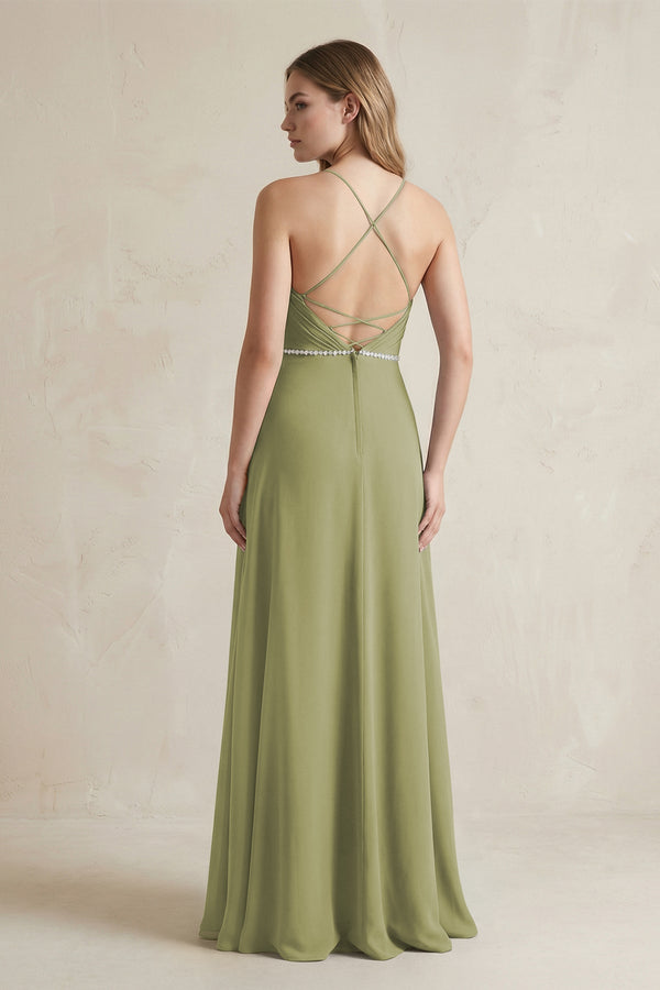 Chiffon A - Line Ruched Cami Strap Bridesmaid Dress in Moss Green - KissProm Bridesmaid Dresses