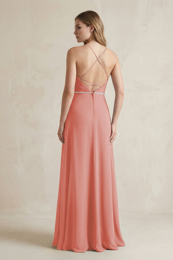 Chiffon A - Line Ruched Cami Strap Bridesmaid Dress in Mulberry - KissProm Bridesmaid Dresses