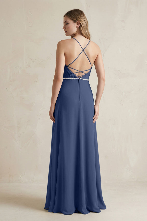 Chiffon A - Line Ruched Cami Strap Bridesmaid Dress in Navy - KissProm Bridesmaid Dresses