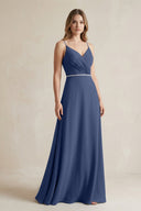 Chiffon A - Line Ruched Cami Strap Bridesmaid Dress in Navy - KissProm Bridesmaid Dresses