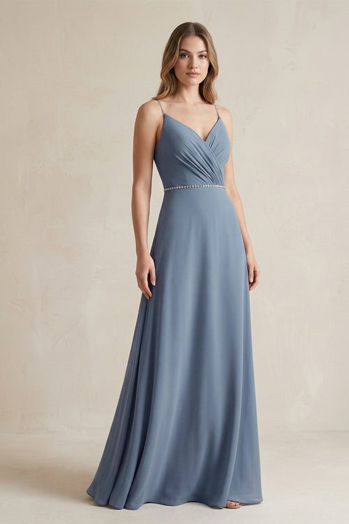 Chiffon A - Line Ruched Cami Strap Bridesmaid Dress in Neptune - KissProm Bridesmaid Dresses