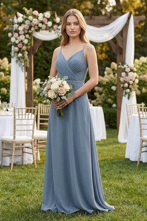 Chiffon A - Line Ruched Cami Strap Bridesmaid Dress in Neptune - KissProm Bridesmaid Dresses