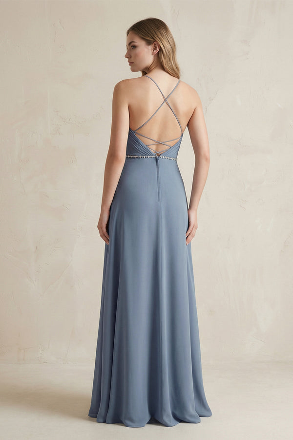 Chiffon A - Line Ruched Cami Strap Bridesmaid Dress in Neptune - KissProm Bridesmaid Dresses