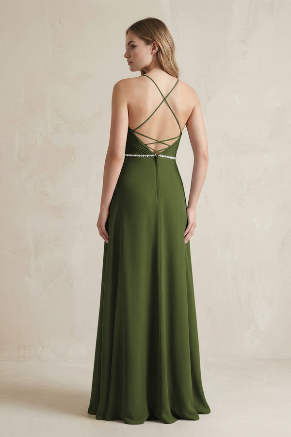 Chiffon A - Line Ruched Cami Strap Bridesmaid Dress in Olive - KissProm Bridesmaid Dresses