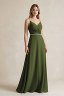 Chiffon A - Line Ruched Cami Strap Bridesmaid Dress in Olive - KissProm Bridesmaid Dresses