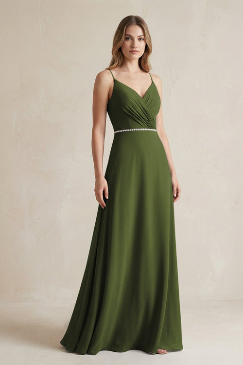 Chiffon A - Line Ruched Cami Strap Bridesmaid Dress in Olive - KissProm Bridesmaid Dresses