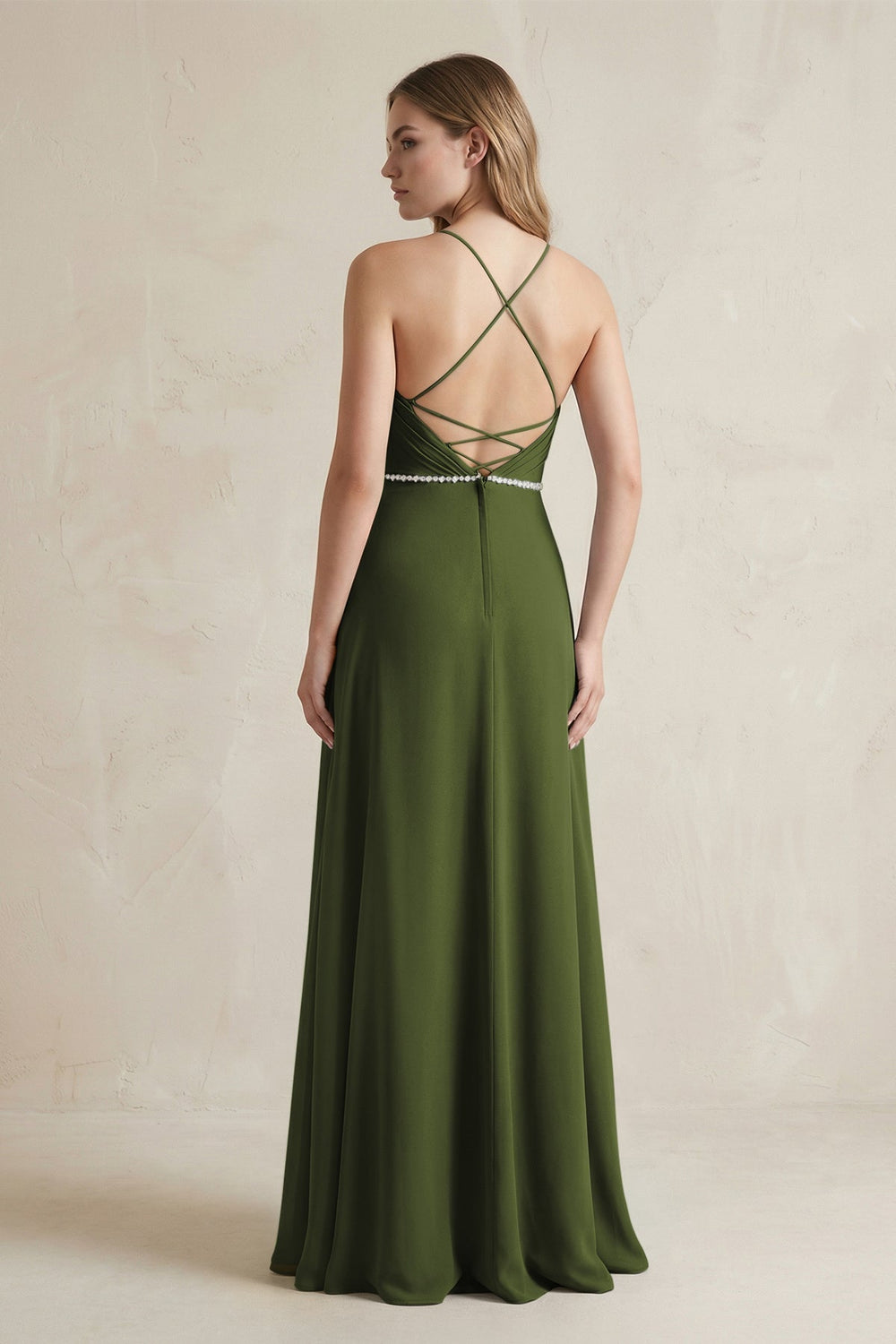 Chiffon A - Line Ruched Cami Strap Bridesmaid Dress in Olive - KissProm Bridesmaid Dresses