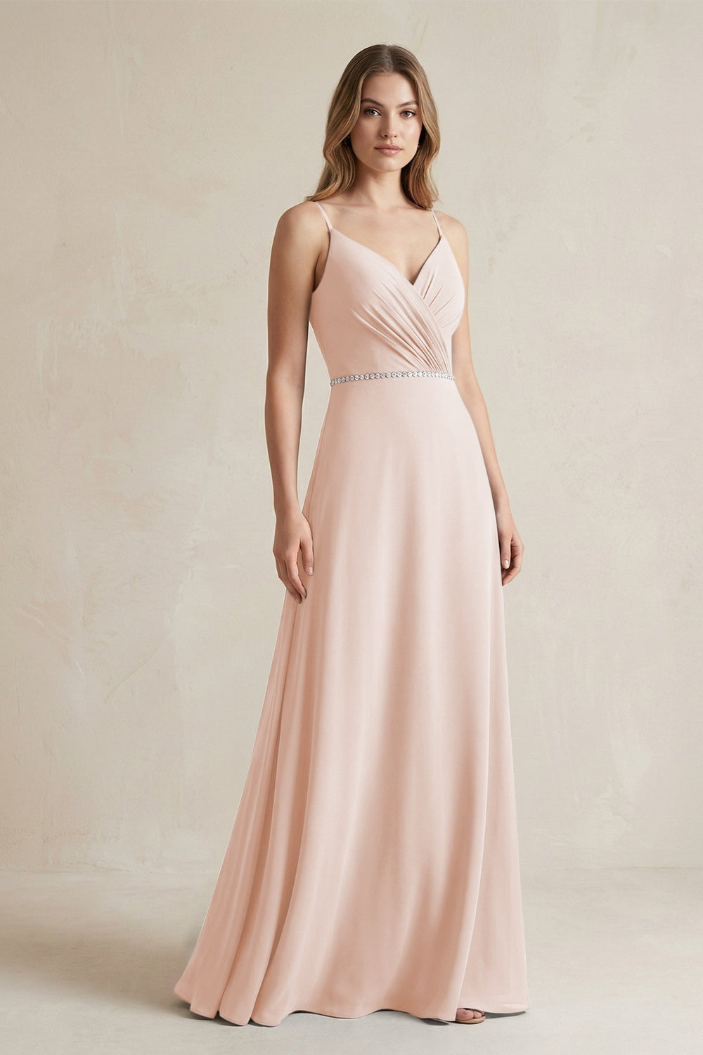 Chiffon A - Line Ruched Cami Strap Bridesmaid Dress in Pale Blush - KissProm Bridesmaid Dresses