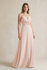 Chiffon A - Line Ruched Cami Strap Bridesmaid Dress in Pale Blush - KissProm Bridesmaid Dresses