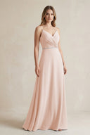 Chiffon A - Line Ruched Cami Strap Bridesmaid Dress in Pale Blush - KissProm Bridesmaid Dresses