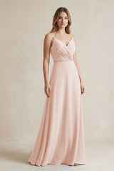 Chiffon A - Line Ruched Cami Strap Bridesmaid Dress in Pale Blush - KissProm Bridesmaid Dresses