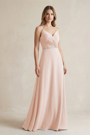 Chiffon A - Line Ruched Cami Strap Bridesmaid Dress in Pale Blush - KissProm Bridesmaid Dresses