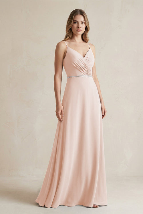 Chiffon A - Line Ruched Cami Strap Bridesmaid Dress in Pale Blush - KissProm Bridesmaid Dresses
