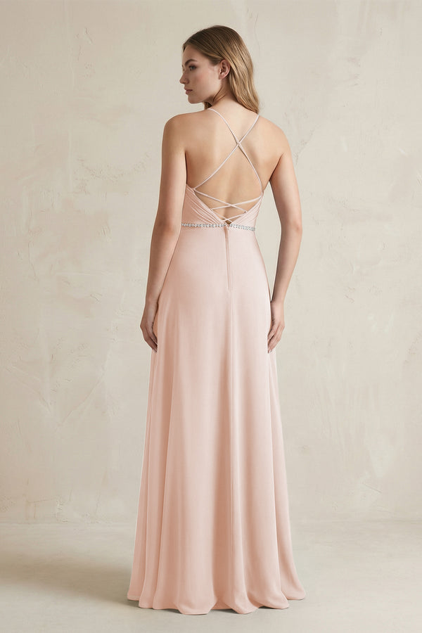 Chiffon A - Line Ruched Cami Strap Bridesmaid Dress in Pale Blush - KissProm Bridesmaid Dresses
