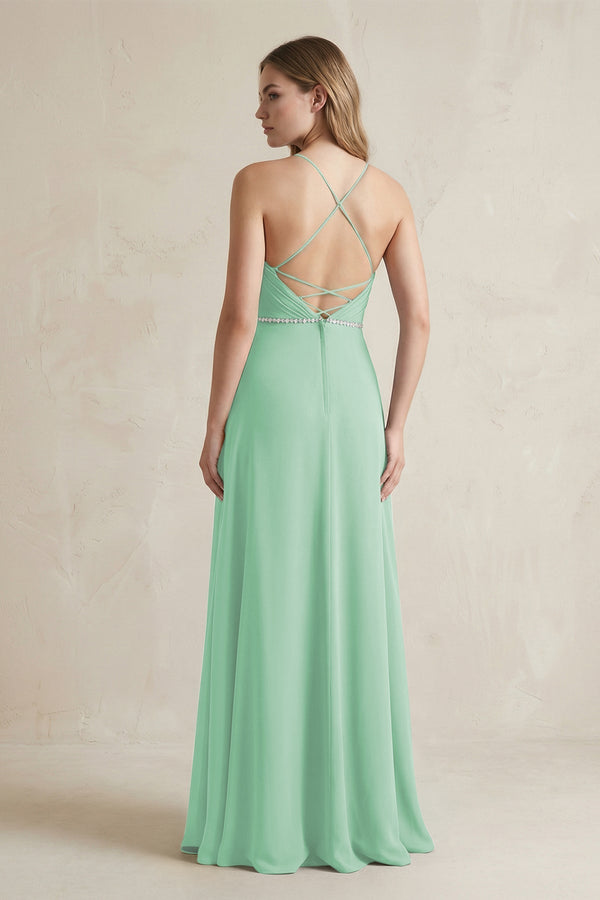 Chiffon A - Line Ruched Cami Strap Bridesmaid Dress in Pale Pistachio - KissProm Bridesmaid Dresses