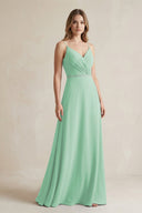 Chiffon A - Line Ruched Cami Strap Bridesmaid Dress in Pale Pistachio - KissProm Bridesmaid Dresses