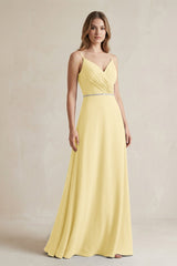 Chiffon A - Line Ruched Cami Strap Bridesmaid Dress in Pastel Yellow - KissProm Bridesmaid Dresses