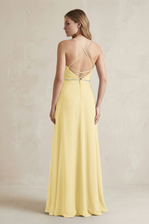 Chiffon A - Line Ruched Cami Strap Bridesmaid Dress in Pastel Yellow - KissProm Bridesmaid Dresses