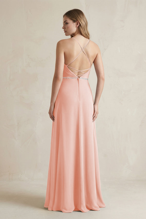 Chiffon A - Line Ruched Cami Strap Bridesmaid Dress in Rose Petal - KissProm Bridesmaid Dresses