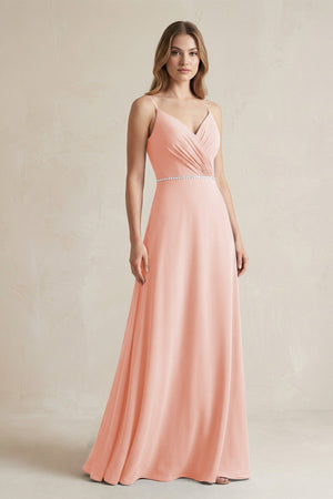 Chiffon A - Line Ruched Cami Strap Bridesmaid Dress in Rose Petal - KissProm Bridesmaid Dresses
