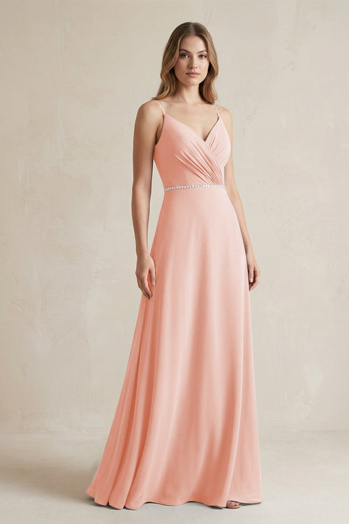 Chiffon A - Line Ruched Cami Strap Bridesmaid Dress in Rose Petal - KissProm Bridesmaid Dresses