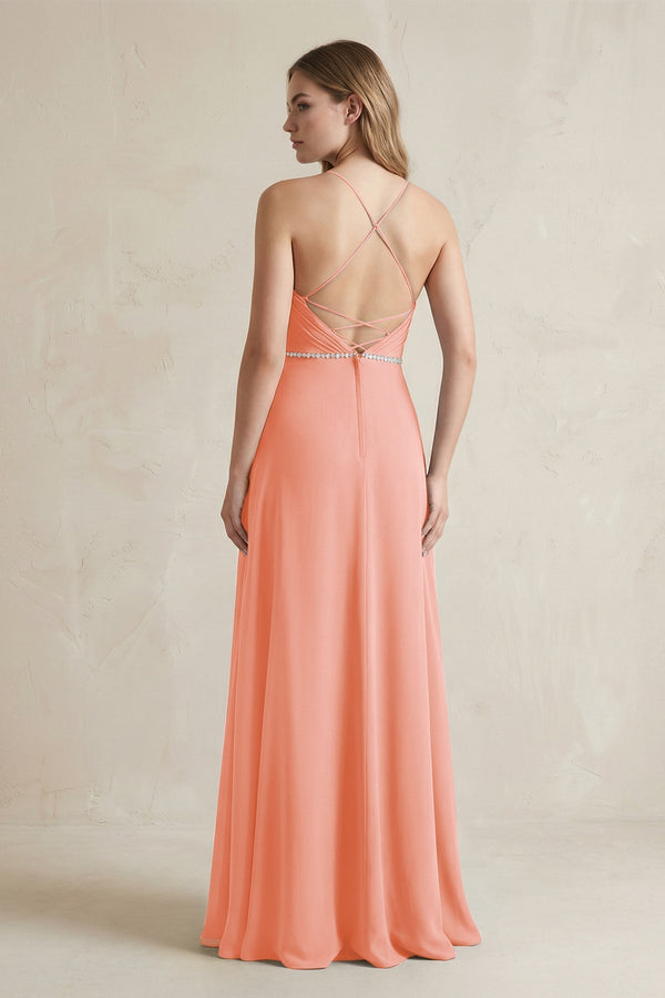 Chiffon A - Line Ruched Cami Strap Bridesmaid Dress in Rosette - KissProm Bridesmaid Dresses