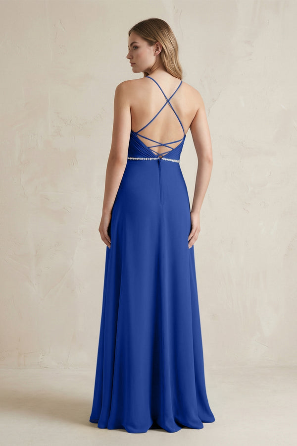 Chiffon A - Line Ruched Cami Strap Bridesmaid Dress in Royal Blue - KissProm Bridesmaid Dresses