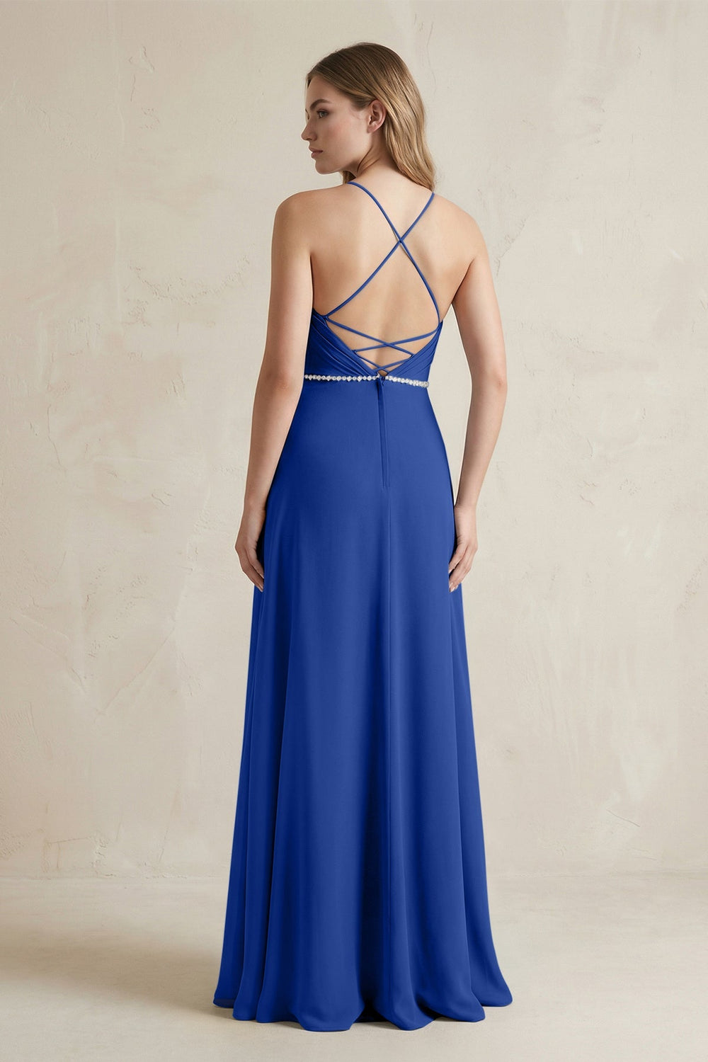 Chiffon A - Line Ruched Cami Strap Bridesmaid Dress in Royal Blue - KissProm Bridesmaid Dresses