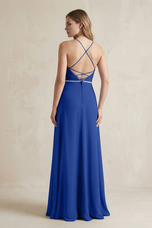 Chiffon A - Line Ruched Cami Strap Bridesmaid Dress in Royal Blue - KissProm Bridesmaid Dresses