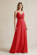 Chiffon A - Line Ruched Cami Strap Bridesmaid Dress in Ruby Red - KissProm Bridesmaid Dresses