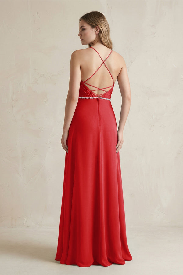 Chiffon A - Line Ruched Cami Strap Bridesmaid Dress in Ruby Red - KissProm Bridesmaid Dresses