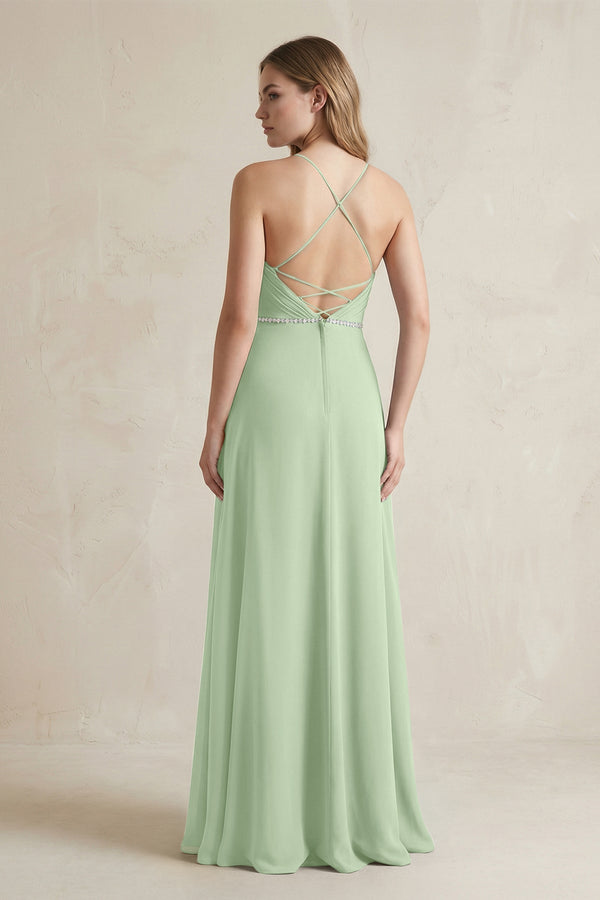 Chiffon A - Line Ruched Cami Strap Bridesmaid Dress in Sage - KissProm Bridesmaid Dresses