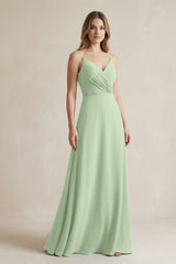 Chiffon A - Line Ruched Cami Strap Bridesmaid Dress in Sage - KissProm Bridesmaid Dresses
