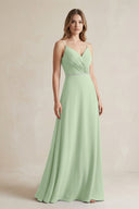 Chiffon A - Line Ruched Cami Strap Bridesmaid Dress in Sage - KissProm Bridesmaid Dresses