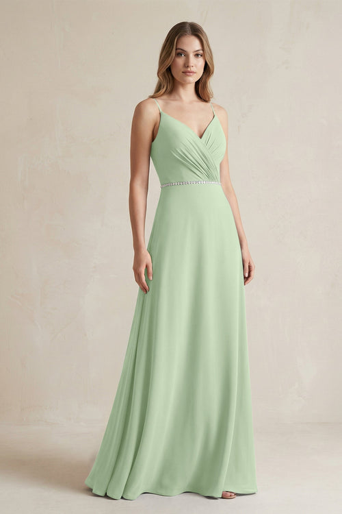 Chiffon A - Line Ruched Cami Strap Bridesmaid Dress in Sage - KissProm Bridesmaid Dresses