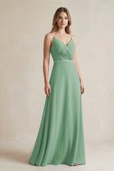 Chiffon A - Line Ruched Cami Strap Bridesmaid Dress in Sea Glass - KissProm Bridesmaid Dresses
