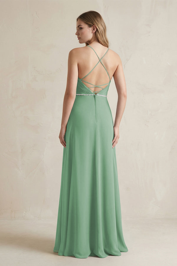 Chiffon A - Line Ruched Cami Strap Bridesmaid Dress in Sea Glass - KissProm Bridesmaid Dresses