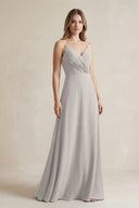 Chiffon A - Line Ruched Cami Strap Bridesmaid Dress in Silver - KissProm Bridesmaid Dresses