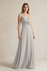 Chiffon A - Line Ruched Cami Strap Bridesmaid Dress in Silver - KissProm Bridesmaid Dresses