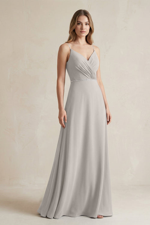 Chiffon A - Line Ruched Cami Strap Bridesmaid Dress in Silver - KissProm Bridesmaid Dresses