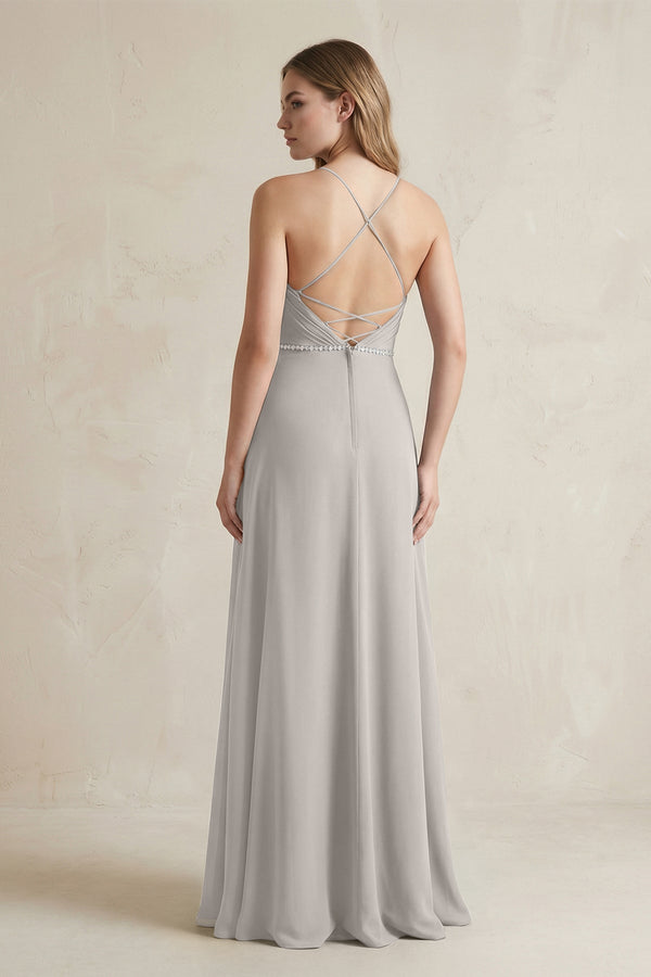 Chiffon A - Line Ruched Cami Strap Bridesmaid Dress in Silver - KissProm Bridesmaid Dresses