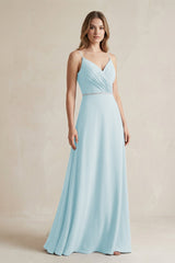 Chiffon A - Line Ruched Cami Strap Bridesmaid Dress in Sky Blue - KissProm Bridesmaid Dresses