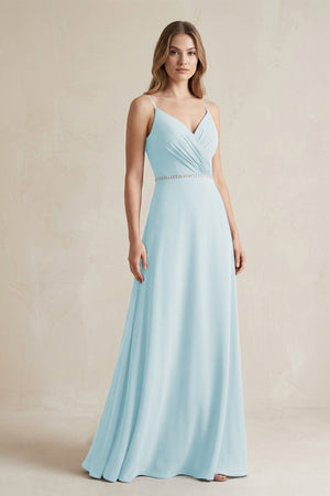 Chiffon A - Line Ruched Cami Strap Bridesmaid Dress in Sky Blue - KissProm Bridesmaid Dresses