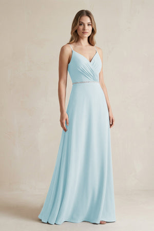 Chiffon A - Line Ruched Cami Strap Bridesmaid Dress in Sky Blue - KissProm Bridesmaid Dresses