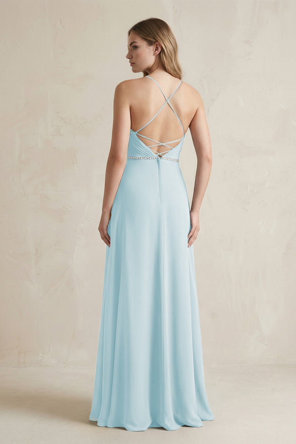 Chiffon A - Line Ruched Cami Strap Bridesmaid Dress in Sky Blue - KissProm Bridesmaid Dresses