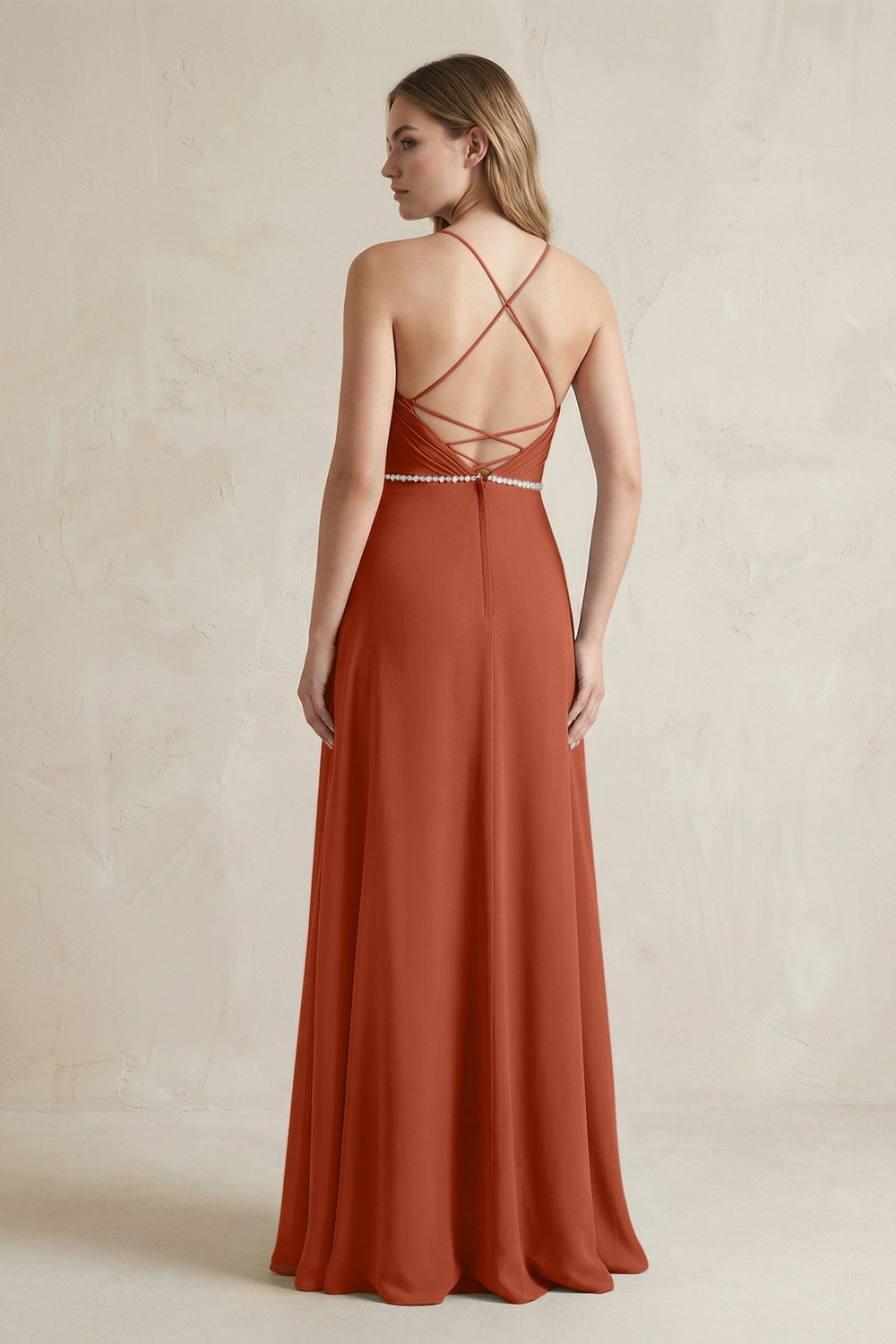Chiffon A - Line Ruched Cami Strap Bridesmaid Dress in Spice - KissProm Bridesmaid Dresses