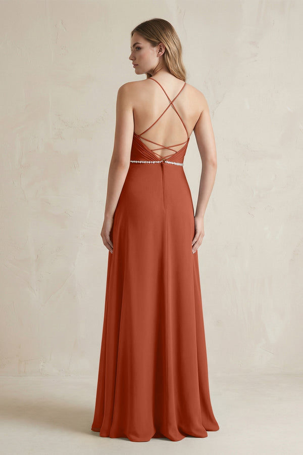 Chiffon A - Line Ruched Cami Strap Bridesmaid Dress in Spice - KissProm Bridesmaid Dresses