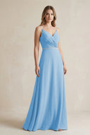 Chiffon A - Line Ruched Cami Strap Bridesmaid Dress in Steel Blue - KissProm Bridesmaid Dresses