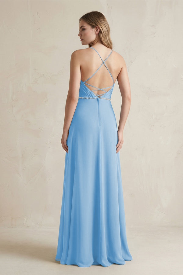 Chiffon A - Line Ruched Cami Strap Bridesmaid Dress in Steel Blue - KissProm Bridesmaid Dresses
