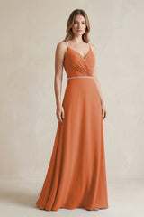 Chiffon A - Line Ruched Cami Strap Bridesmaid Dress in Terracotta - KissProm Bridesmaid Dresses